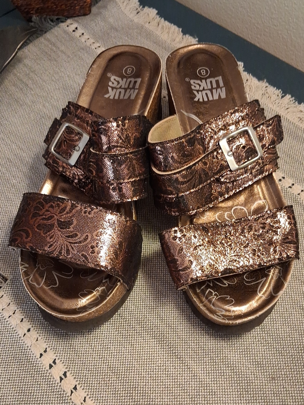 Muk Luks Metallic Bronze Floral Sandals With Buckle Accent
